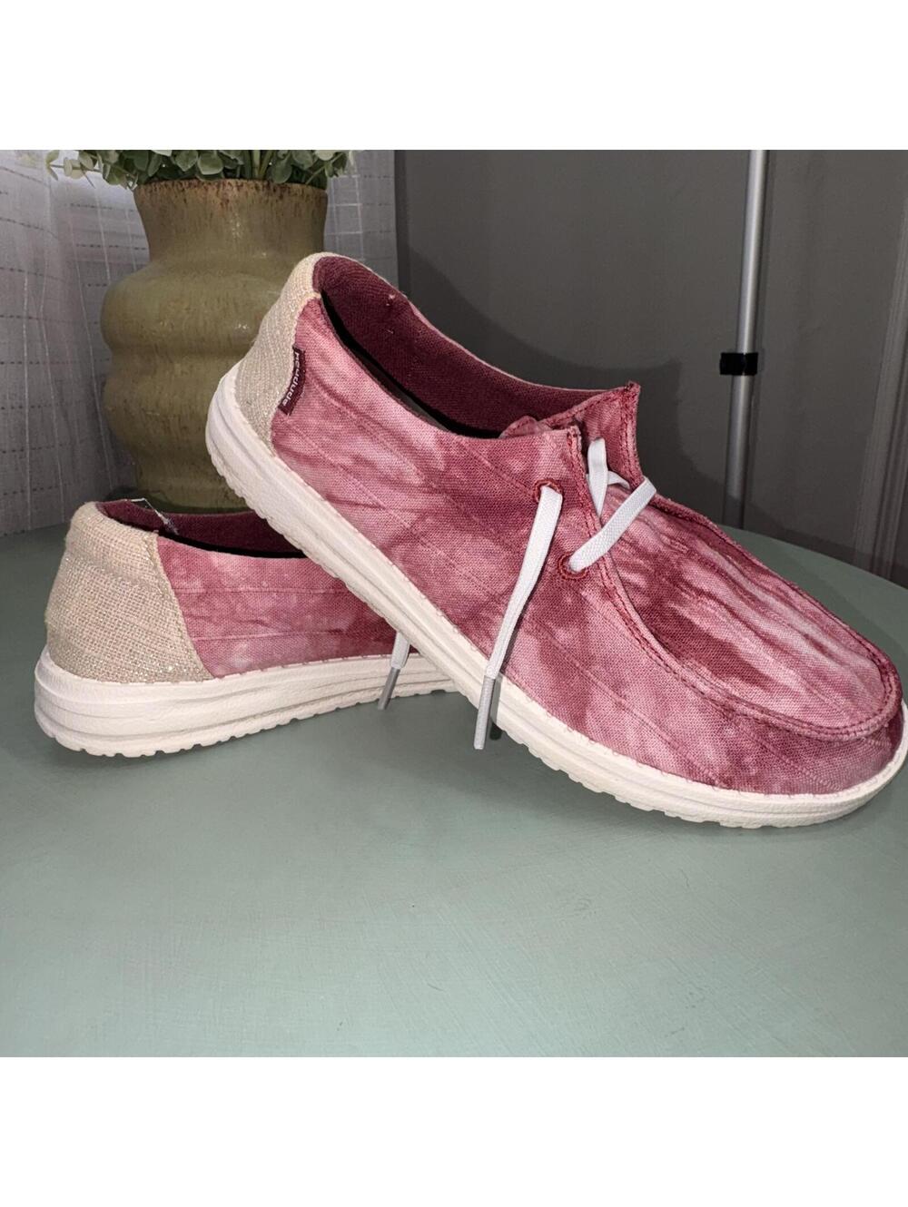 Hey Dude Wally Sox Tie Dye Canvas Shoes - Pink and Beige Women's 6